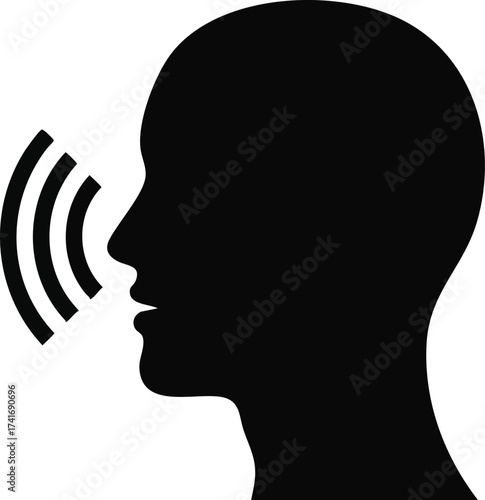 Black vector icon of a human head silhouette speaking, with sound waves emanating
