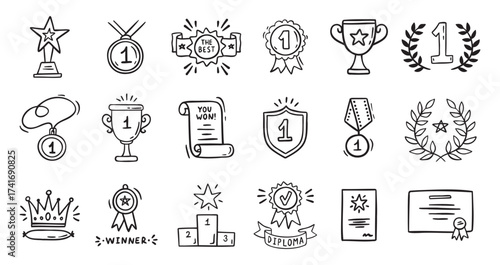 Awards doodle, trophy cups, first place medals and diploma set. Hand drawn champion trophy cup and gold medal. Drawing award decorative isolated icons. 