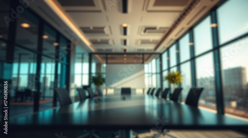 blurred background of a modern office interior with panoramic windows and beautiful lighting, Blurred office meeting room