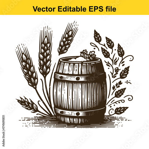 Vector art of wooden barrel with wheat ears and leaves