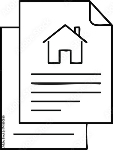 Illustration of a house icon on paper documents suggesting real estate paperwork. Concept for mortgages, property contracts, and home sales