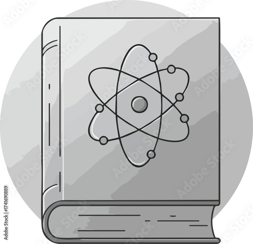 Illustration of a science book featuring an atom symbol on the cover. Education-themed design with a simple line art style