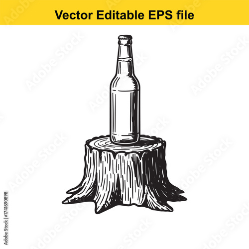 Vector art of a bottle of beer on a tree stump