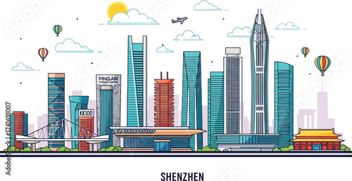 Shenzhen Cityscape Illustration Modern Skyline with Buildings and Transportation