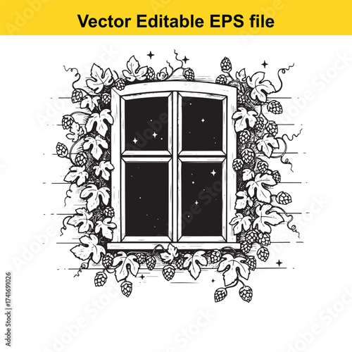 Vector art of window covered in hops and leaves