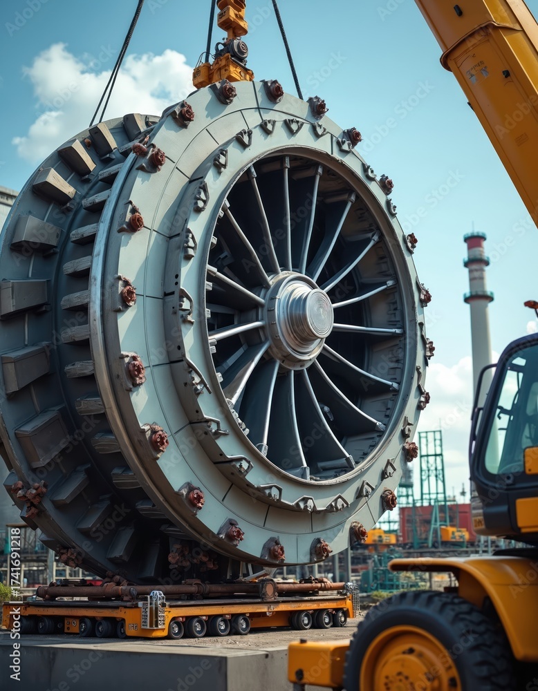 Obraz premium Crane lifts heavy turbine rotor at industrial construction site. Big generator component on platform. Power plant machinery installation by industry workers using hoisting equipment on sunny day.