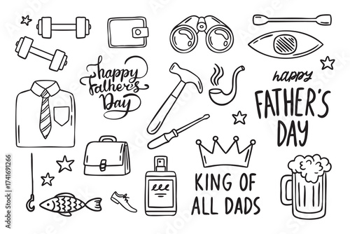 Fathers Day doodle set with icons and lettering number 381, hand drawn doodle line art monochrome hand drawn
