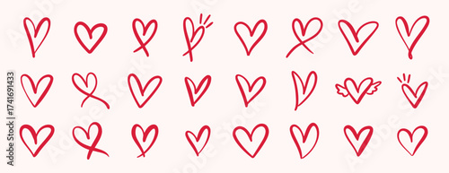 pink hand drawn hearts. unique heart various styles and shapes. Pink hearts doodle artistic set. Valentines hearts