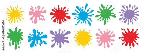 Colorful splatters different shapes. Bright stains and splashes. Ink blots collection clipart elements.