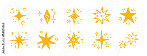 Boho doodle cute hand drawn yellow star set. Star element gold magic symbol decoration collection