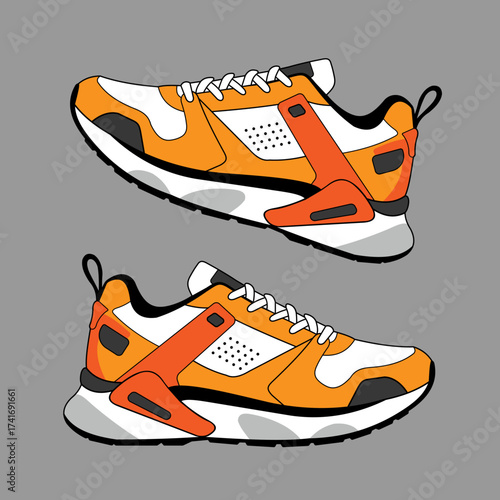 Stylish orange and white sneakers presented in a flat vector illustration. Modern footwear design, ideal for fashion, sports or advertising visuals