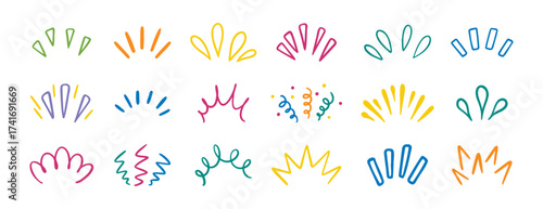 sunburst, doodle sun rays colorful lines. Cute funny hand drawn lines showing concentrated lines set, awareness, inspiration and surprises