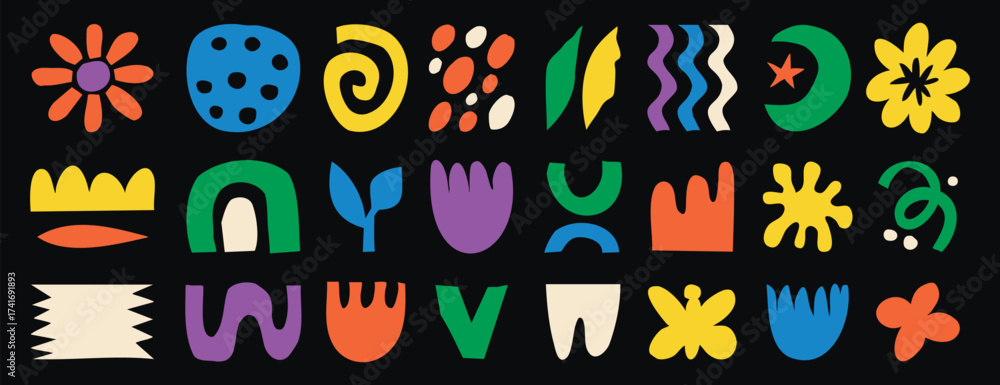 Fototapeta premium Abstract doodle elements with spirals, plants and wavy lines in naive style. Hand drawn.