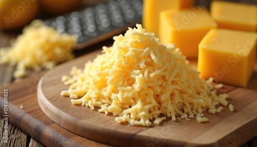 Pile of grated cheese rests on wooden board next to cheese blocks. Kitchen grater visible in background, ready for food prep. Delicious dairy ingredient for meals.