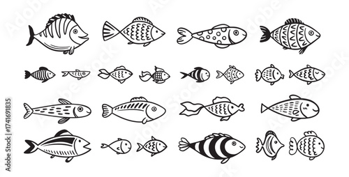 Doodle fish icon set. hand drawn Fish sketch collection. Underwater world sea life ocean