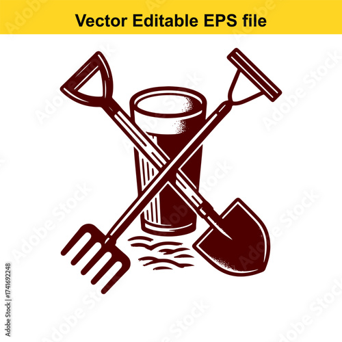Vector art of crossed garden rake and shovel with beer glass