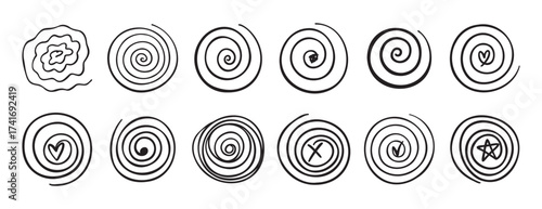 Doodle spiral swirl motion element set. abstract hand drawn round spiral line. spiral with a symbol inside