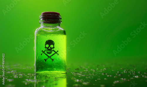 Glass bottle filled with glowing green liquid and a skull and bones symbol, poison or toxic substance. Concept of danger, toxicity, biohazardous chemicals. Created with generative AI