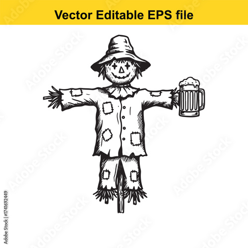 Vector art of scarecrow holding a mug of beer