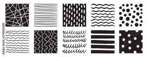 Hand drawn pen abstract pattern lines and shapes square set. Doodle pencil or marker line art elements