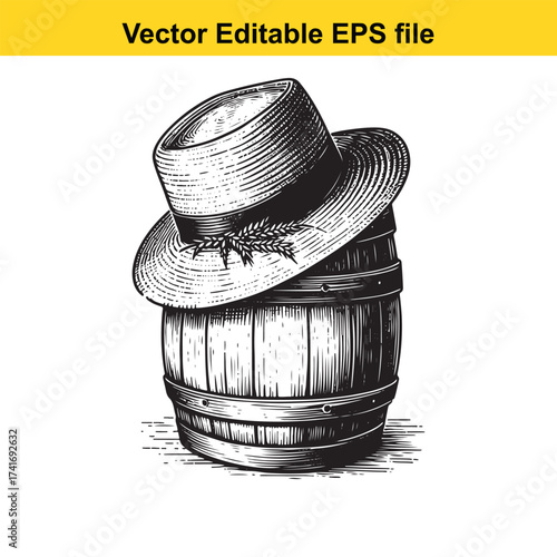 Vector art of vintage straw hat placed on a wooden barrel