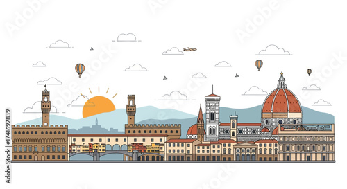 Florence Skyline Illustration Palazzo Vecchio, Duomo, Ponte Vecchio