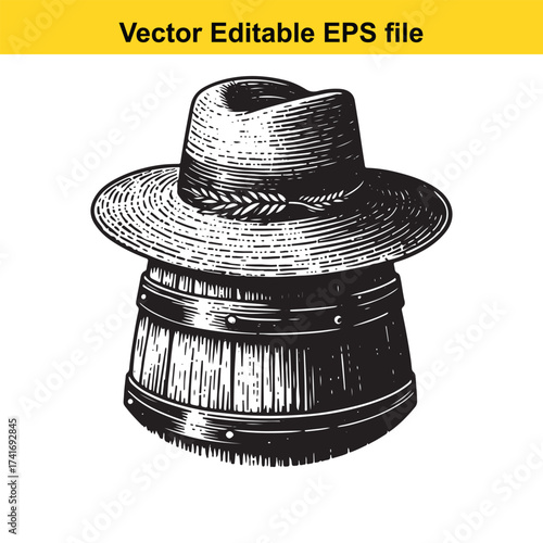 Vector art of straw hat with wheat stalk on a wooden barrel
