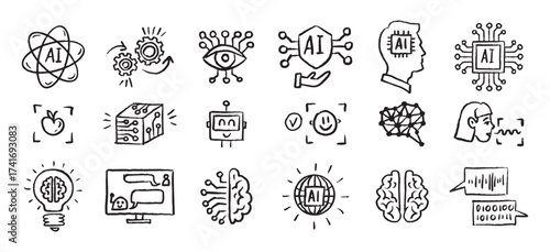 Artificial Intelligence Icons grunge chalk hand drawn doodle Brush set. Outline AI drawing crayon 