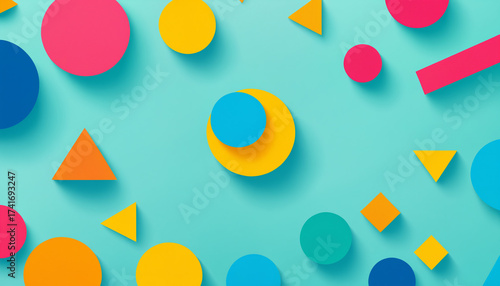 vibrant abstract geometric background with colorful circles, triangles, and s...