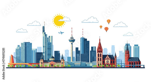 Frankfurt Cityscape Skyline Illustration with Modern Architecture and Sunny Weather