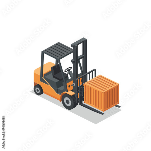 Vector art of isometric forklift truck carrying cargo container