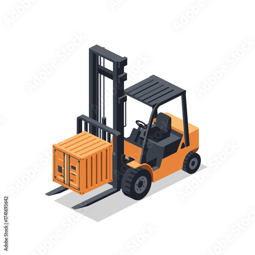 Vector art of isometric forklift truck carrying cargo container