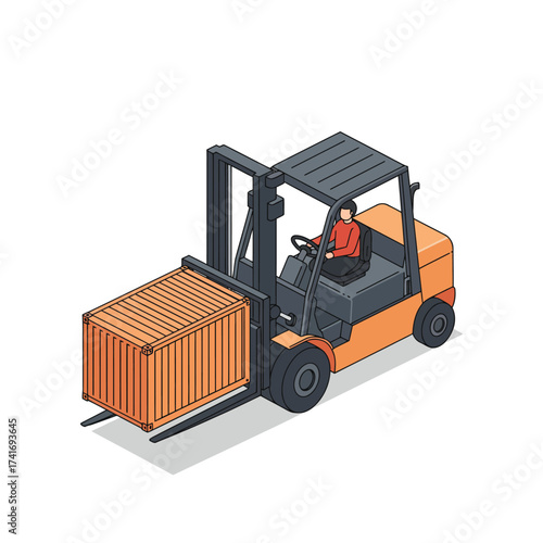 Vector art of isometric forklift truck carrying cargo container with driver on
