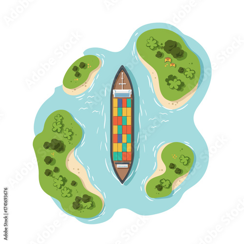 Vector art of top view of cargo ship sailing between islands
