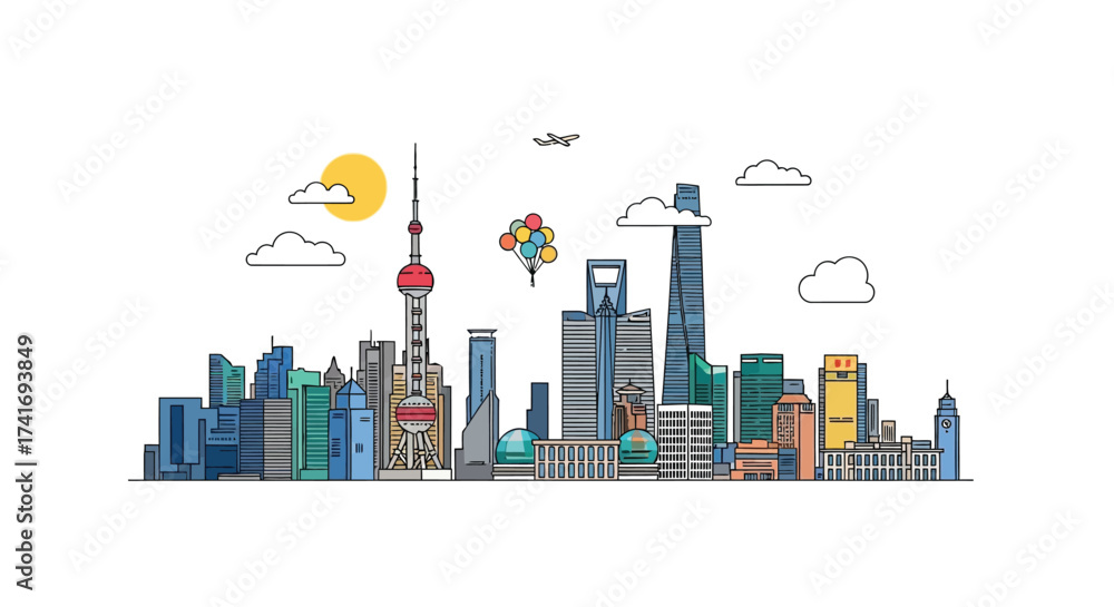 Fototapeta premium Shanghai Skyline Illustration with Modern Buildings and Sunny Sky