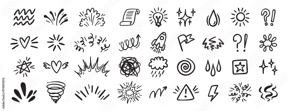Obraz premium Comic effect icon set, manga doodle elements collection. Retro anime movement, exclamation and emphasis expressions. Doodle emotion of character in comic style