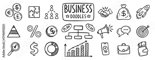 business doodle hand drawn icon set. Outline drawing business line clipart symbol collection