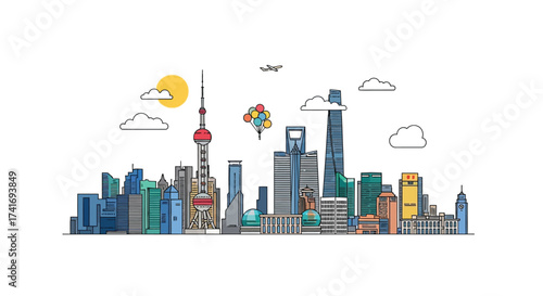 Shanghai Skyline Illustration with Modern Buildings and Sunny Sky