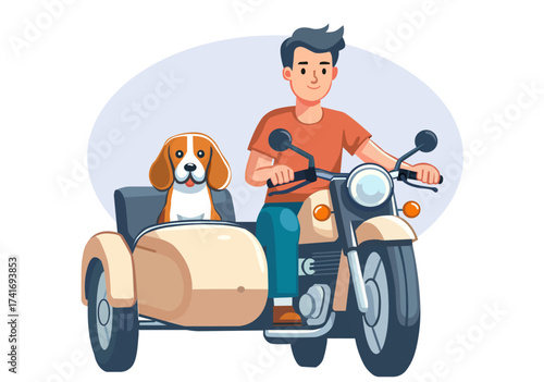 Flat illustration of a young man riding a motorcycle with a sidecar and a dog.