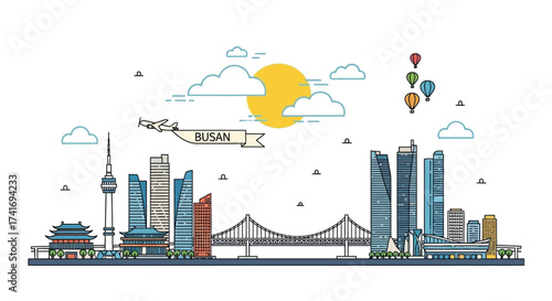 Busan, South Korea Colorful Skyline and Coastal Cityscape