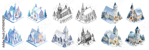 Winter church illustration pack featuring snowy buildings and chapels in isometric style, including flat color and outline versions for seasonal holiday design.
