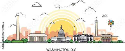 Vibrant Washington D.C. Skyline Illustration featuring Iconic American Landmarks and Government Buildings at Golden Hour, showcasing the Nation's Capital Architecture in a Modern Line Art Style