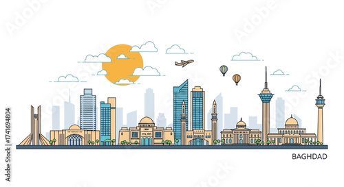 Baghdad city skyline vector art illustration. Modern linear cityscape of Iraq with famous landmarks and monuments for travel concepts