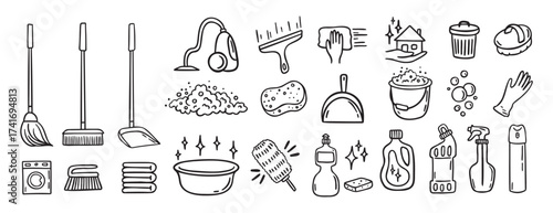 Cleaning kit equipment doodle hand drawn icon set. Outline drawing cleaning inventory, clean tools wash, bucket and mop, spray bottle with detergent cleaner line clipart symbol collection
