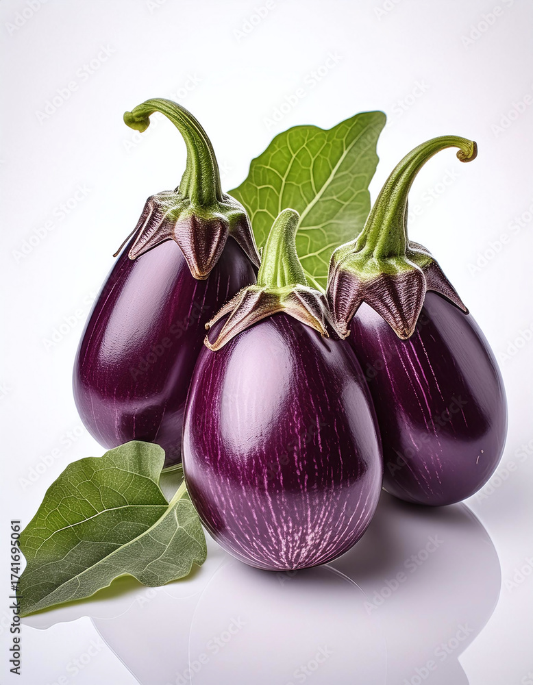 custom made wallpaper toronto digitalThree glossy eggplants with vibrant green leaves on a white background. Generative AI.