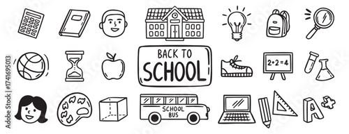 Back to School doodle hand drawn icon set. Outline drawing school items line clipart symbol collection 