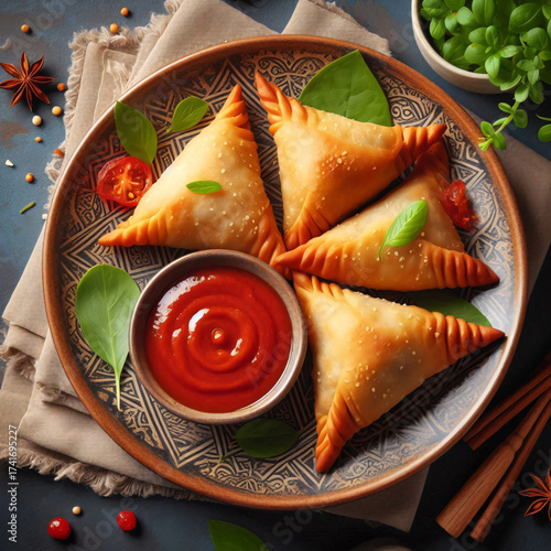 Wallpaper Mural Three triangular, golden-brown samosas are arranged on a decorative plate alongside a small bowl of red dipping sauce, garnished with basil Generative AI. Torontodigital.ca