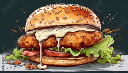 Wallpaper Mural Vibrant digital art of a crispy chicken burger with melting cheese. Generative AI Torontodigital.ca