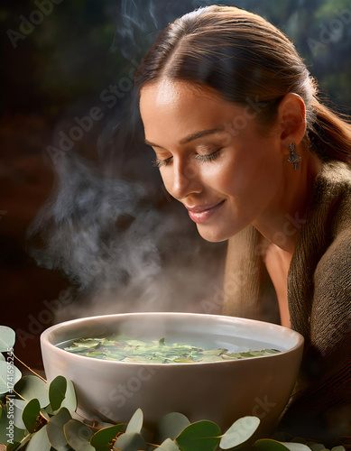 Wallpaper Mural Woman leans over steaming bowl with eucalyptus leaves, enjoying aromatherapy spa treatment. Generative AI. Torontodigital.ca