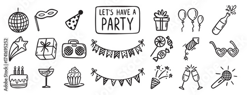 Party event or Birthday doodle icon element doodle hand drawn icon set. Outline drawing party, carnival celebration concept line clipart symbol collection. sketch birthday cake, balloon, decoration